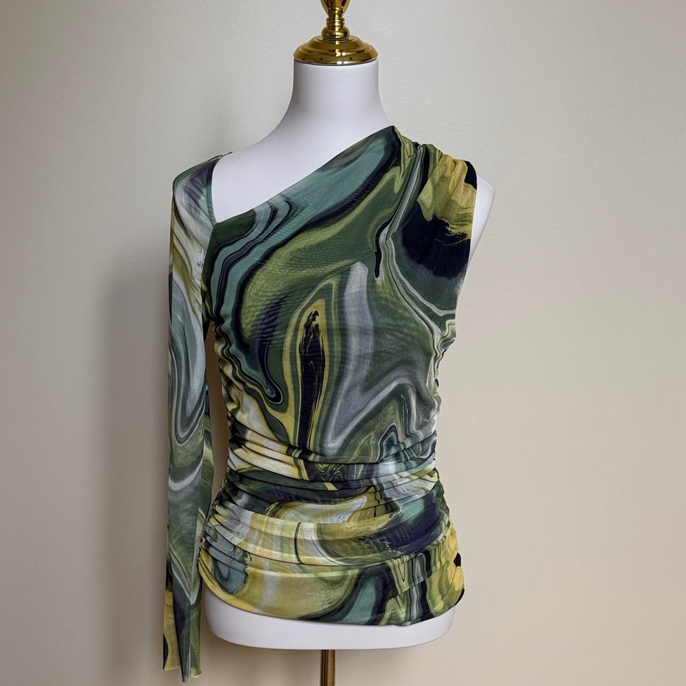 ZARA One Shoulder Mesh Top Ruched Abstract Swirl Print NWT Size